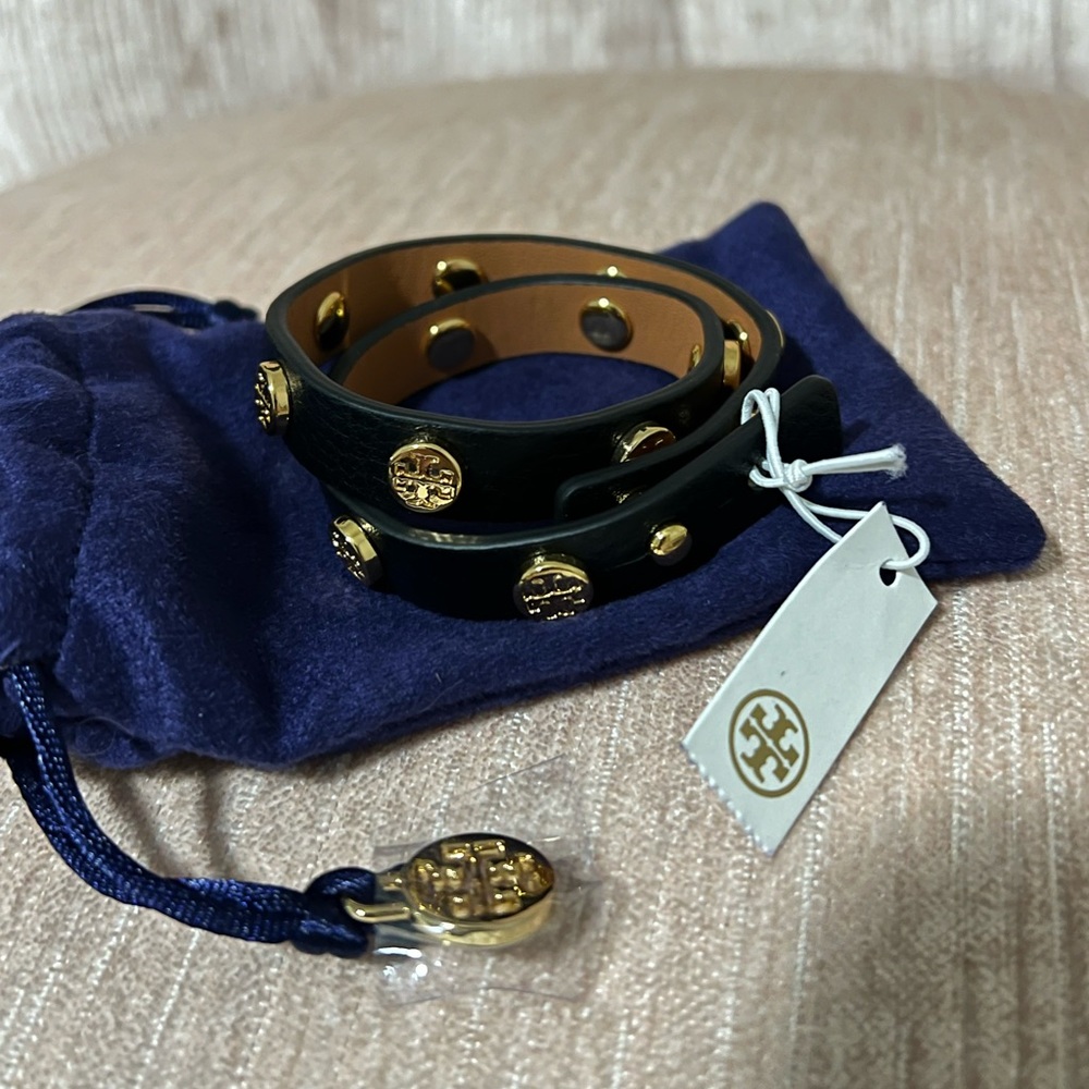 Tory Burch Double Wrap Logo Studded Leather Bracelet Black